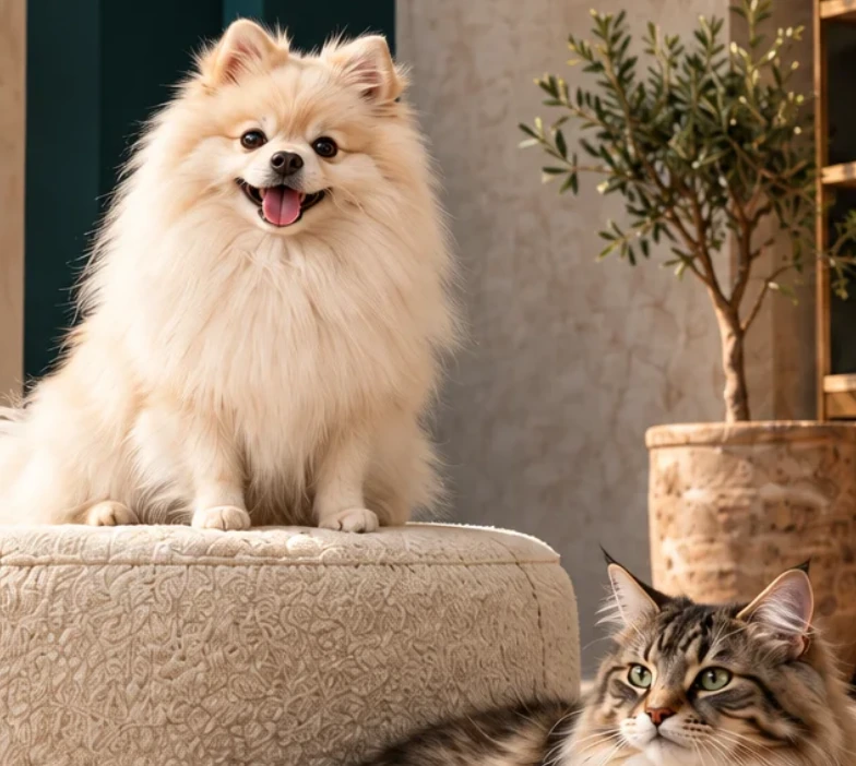 Un cane e un gatto nell'ambiente elegante di Sikania PET