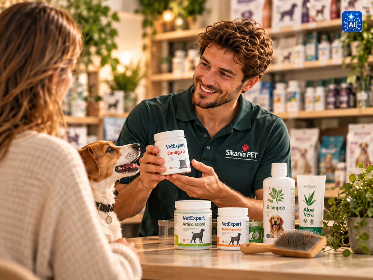 Scena illustrativa generata con AI: addetto Sikania Pet mostra integratori, shampoo e cardatore a una cliente.