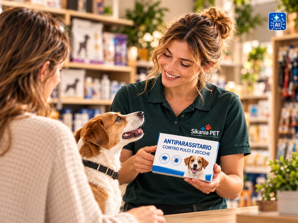 Scena illustrativa generata con AI: addetta del negozio Sikania Pet presenta un antiparassitario a una cliente con cane.