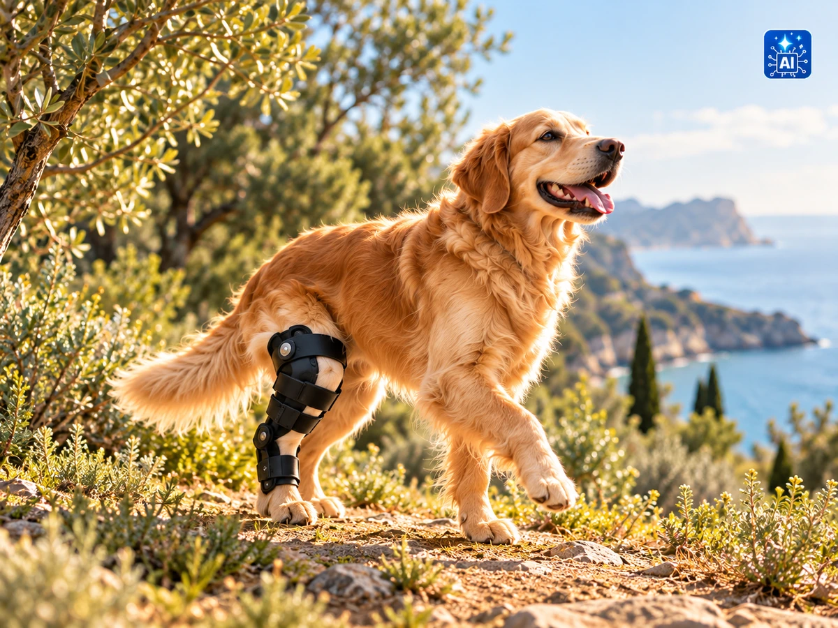 Immagine illustrativa generata con AI: cane che passeggia all'aperto con un supporto ortopedico alla zampa.